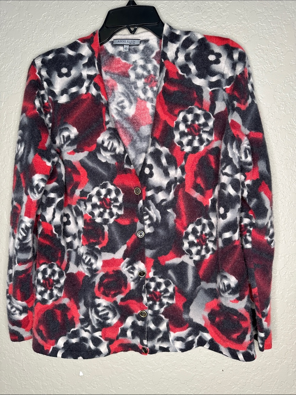 Vintage Anne Klein 100% Cashmere Floral V-Neck Cardigan Sweater XL Excellent
